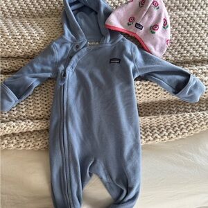 Patagonia Light Blue Fleece Hooded One-Piece Footie and Hat